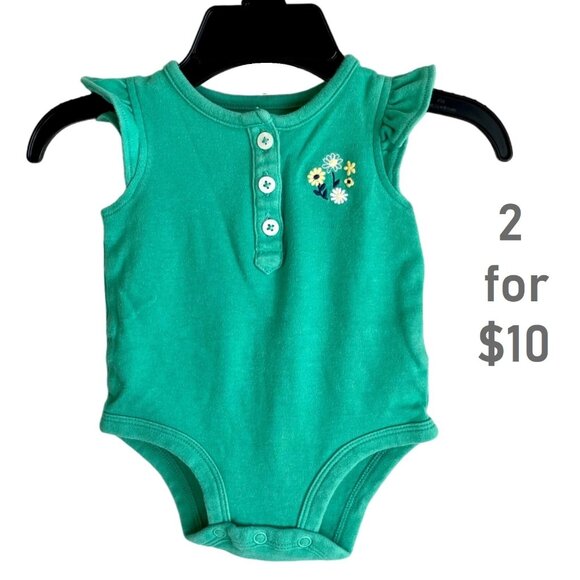 Carters Baby Girls Green Sleeveless Bodysuit 3M Cotton Floral Embroidery - Picture 1 of 8